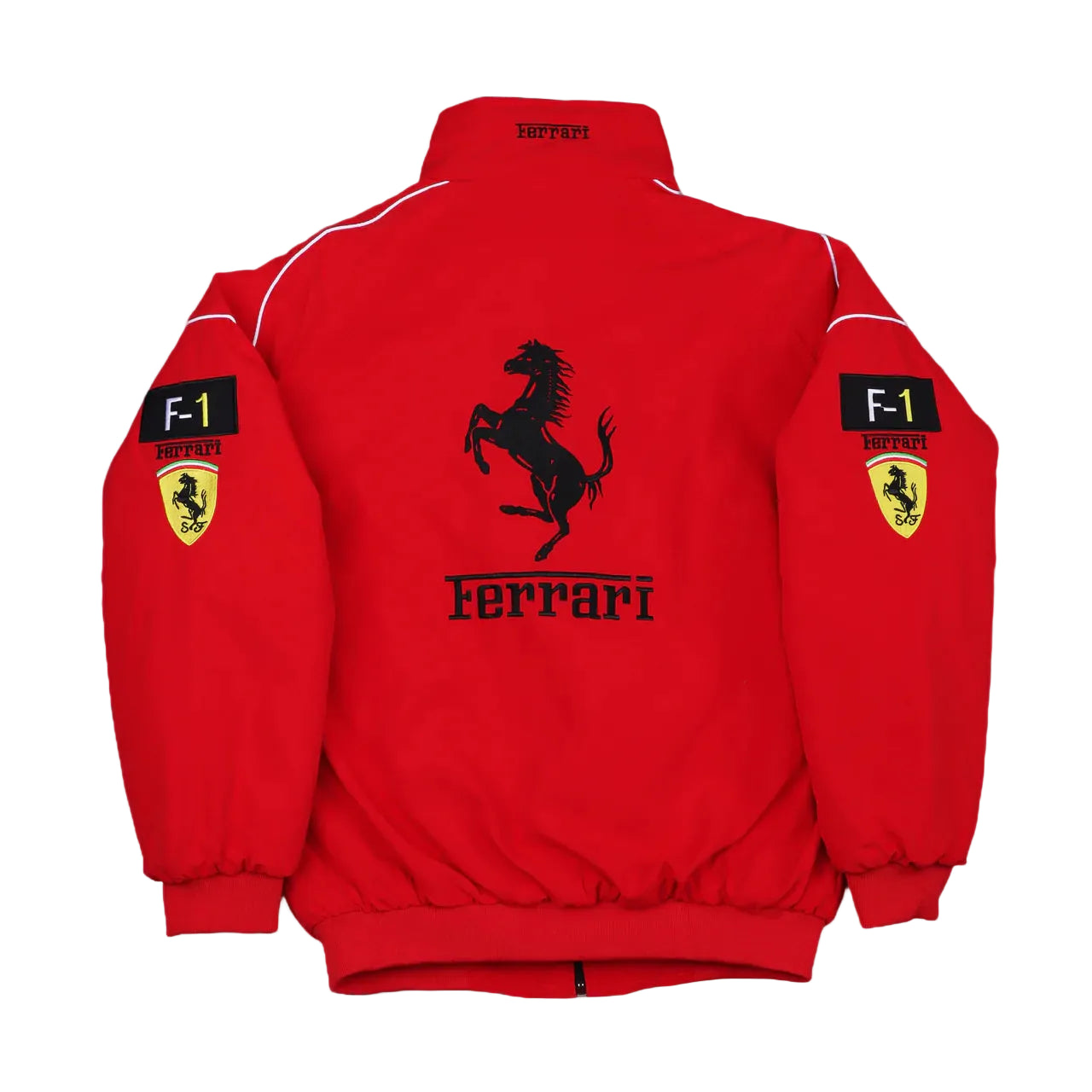 Red Ferrari jacket with logo and branding on a gray background