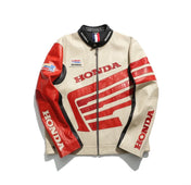 Honda motorcycle jacket with red and beige design on a white background