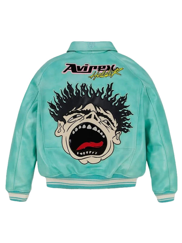 Turquoise jacket with a graphic design on the back against a gray background
