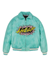 Turquoise jacket with colorful graphic design on a gray background