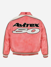 Pink leather jacket with 'Avirex 50' logo on a white background