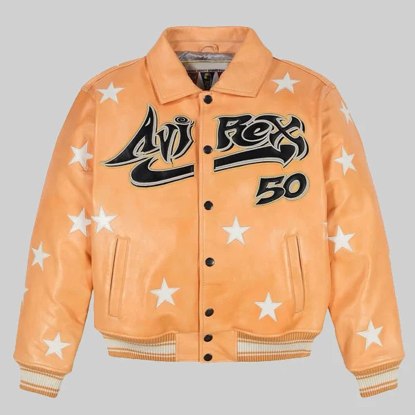 Orange jacket with star patterns and black text on a gray background
