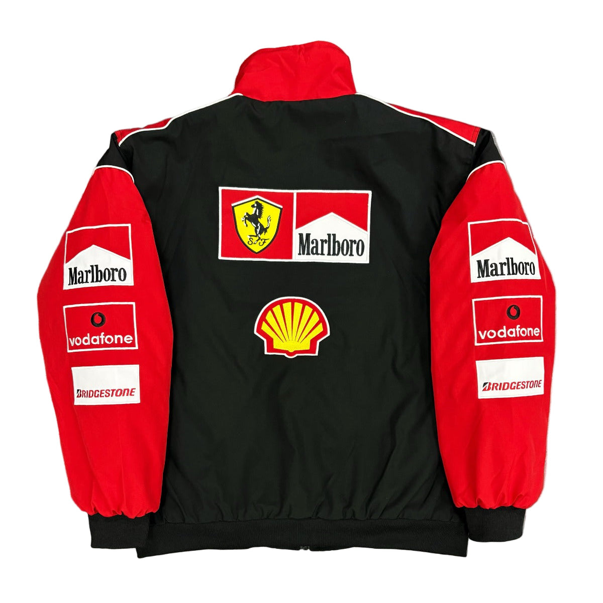 Black and red jacket with various logos on a textured gray background