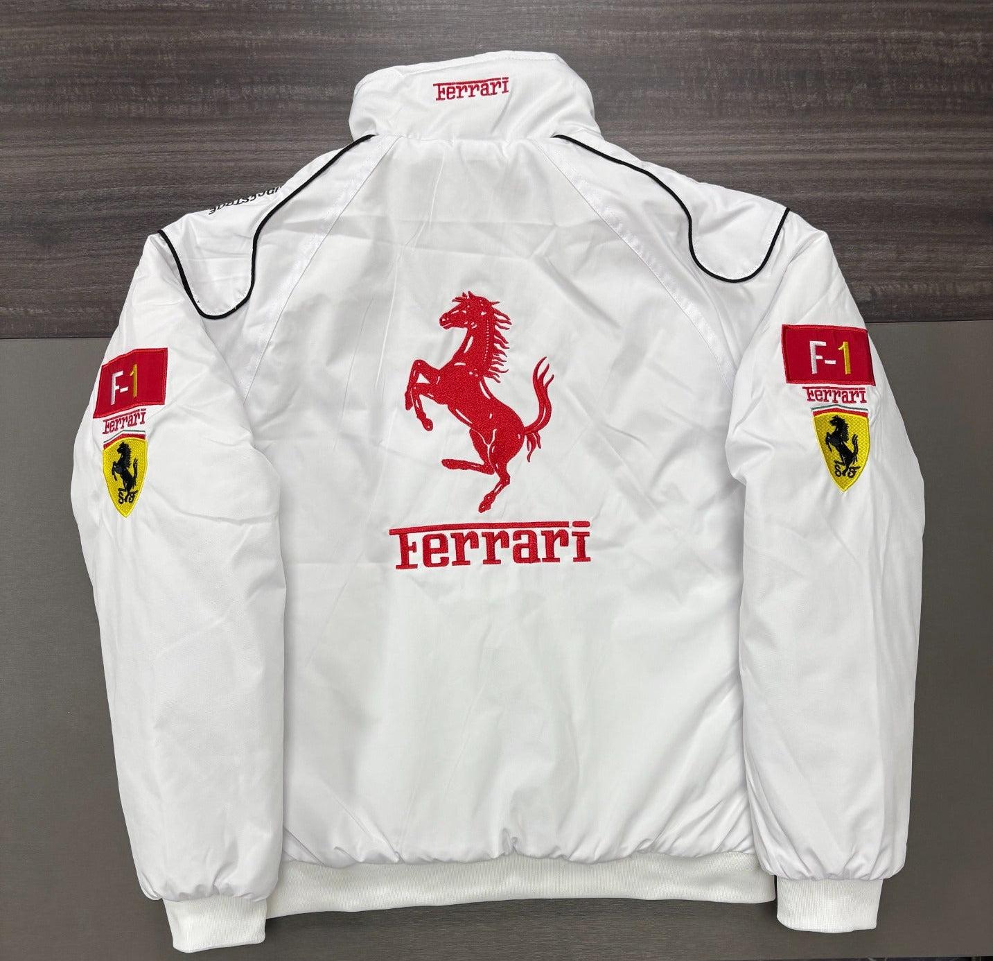 F1 Ferrari White Embroidered Vintage Racing Jacket