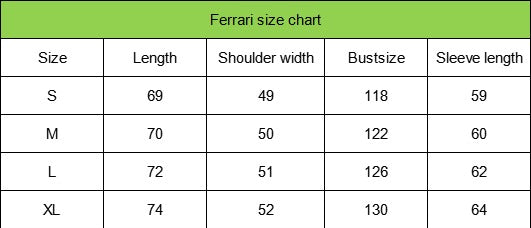 Ferrari size chart with clothing measurements for different sizes.