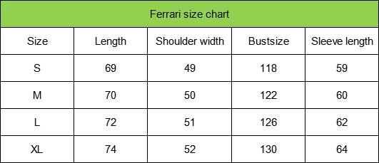 Ferrari size chart with clothing measurements for different sizes.