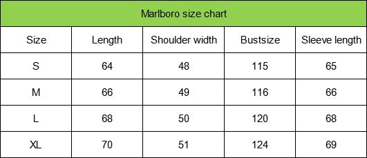 Marlboro size chart for clothing with size, length, shoulder width, bust size, and sleeve length details.
