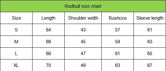 Red Bull size chart with size categories and measurements.
