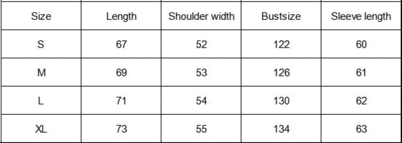 Table displaying clothing size chart with measurements for length, shoulder width, bust size, and sleeve length.