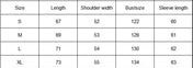 Table displaying clothing size chart with measurements for length, shoulder width, bust size, and sleeve length.
