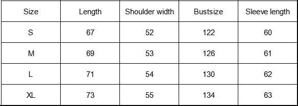 Table displaying clothing size chart with measurements for length, shoulder width, bust size, and sleeve length.