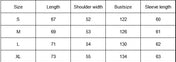 Table displaying clothing size chart with measurements for length, shoulder width, bust size, and sleeve length.