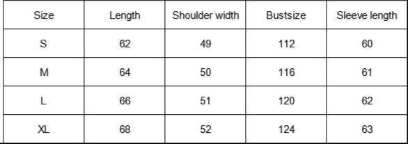 Table displaying clothing size measurements with columns for Size, Length, Shoulder width, Bustsize, and Sleeve length.