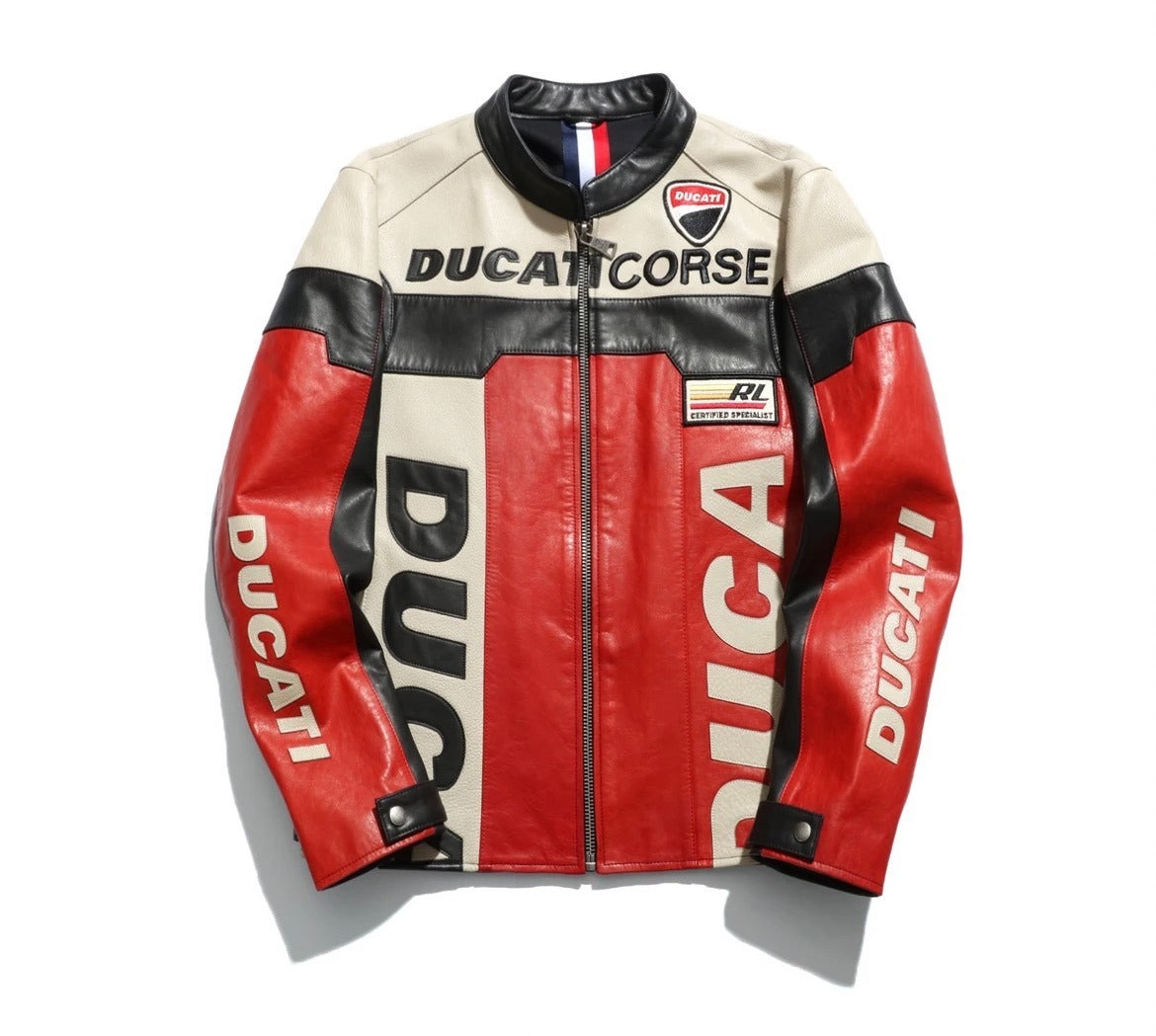 Ducati leather jacket with red, black, and white design on a white background