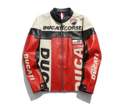 Ducati leather jacket with red, black, and white design on a white background