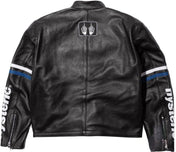 Black leather jacket with branding on sleeves and back on a white background