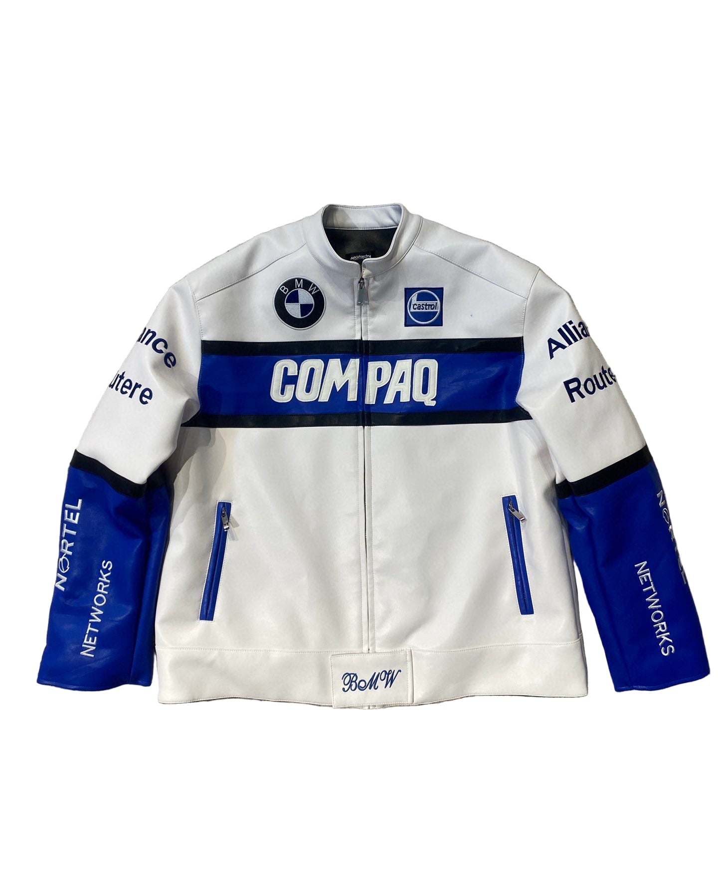 White jacket with blue accents and branding on a textured stone wall background