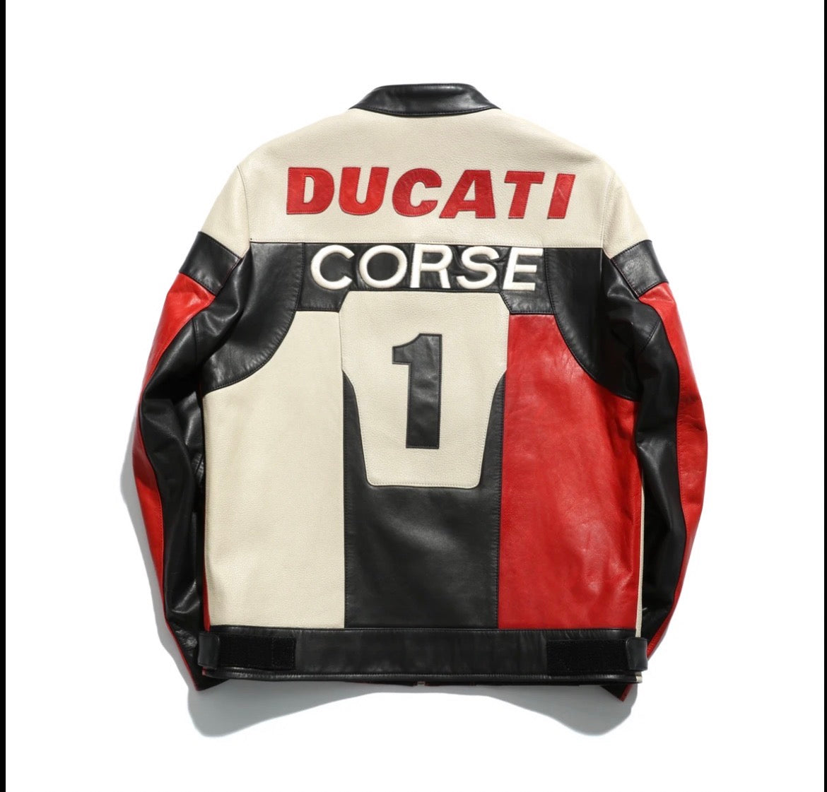 Leather jacket with Ducati Corse branding on a white background