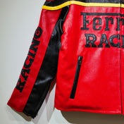 Red and black leather jacket with 'Ferrari Racing' text on a white background