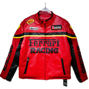 Red Ferrari Racing jacket with various logos on a white background