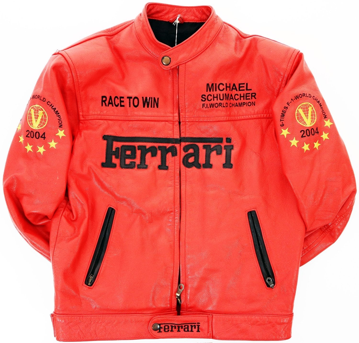 Red Ferrari jacket with branding and text on a white background