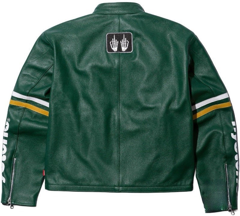 Green leather jacket with a logo on the back and branding on the sleeves, on a white background.