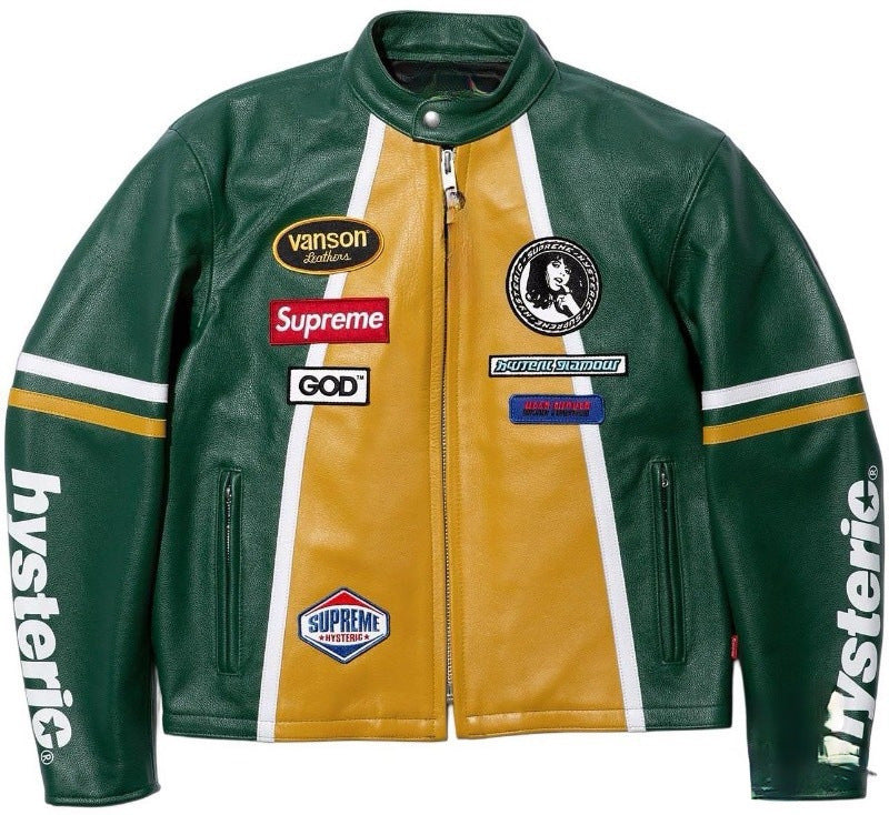 A Supreme Green Leather Vintage Racing Jacket with yellow and white accents, featuring various logos and the brand name 'Supreme' on the sleeves.