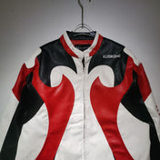 Black, red, and white leather jacket on a hanger with 'KUSIKOH' branding.