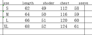 Table with size chart for clothing measurements including sleeve length, shoulder width, chest size, and sleeve length.