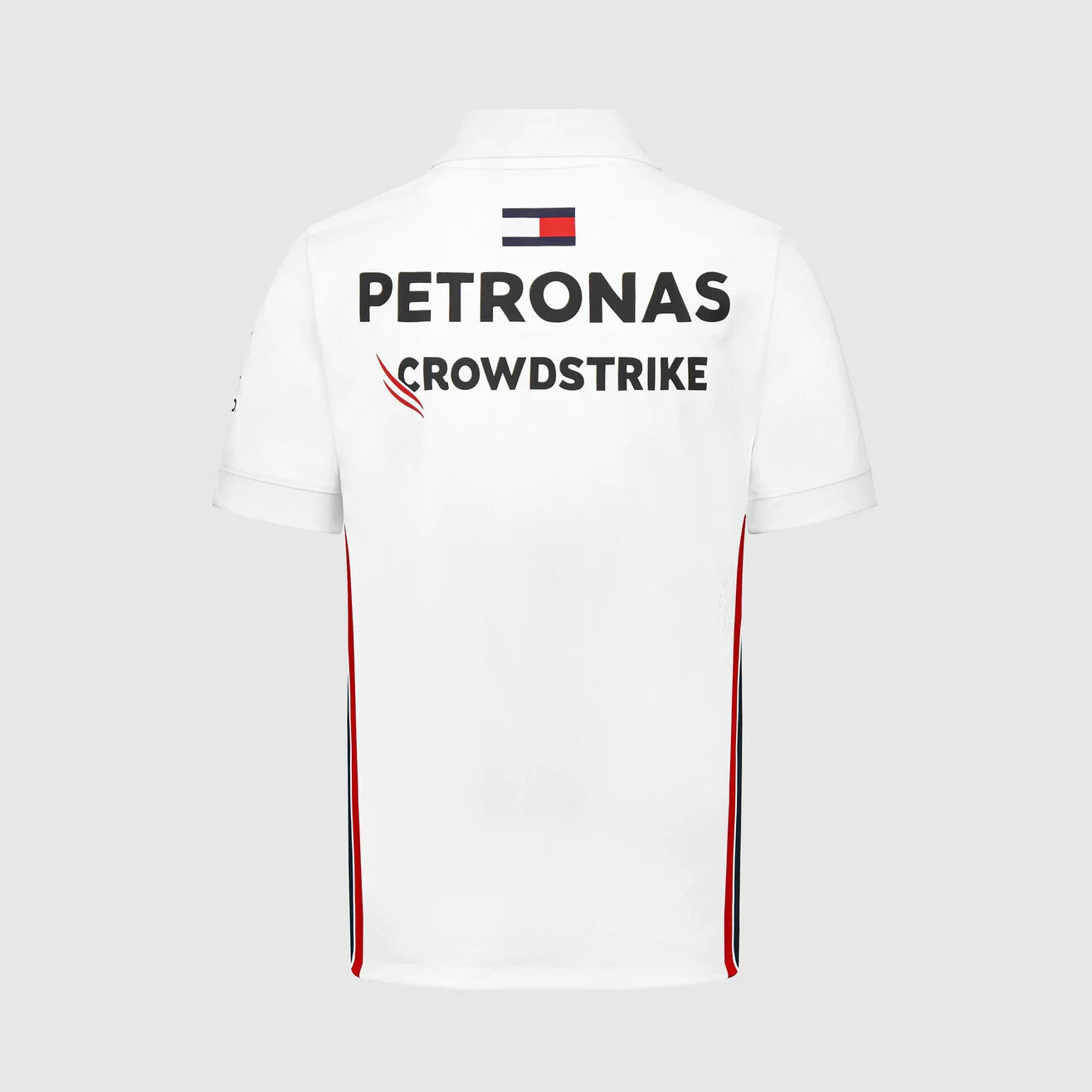White shirt with Petronas and CrowdStrike logos on a light gray background