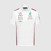 White long-sleeve shirt with various sponsor logos on a light gray background