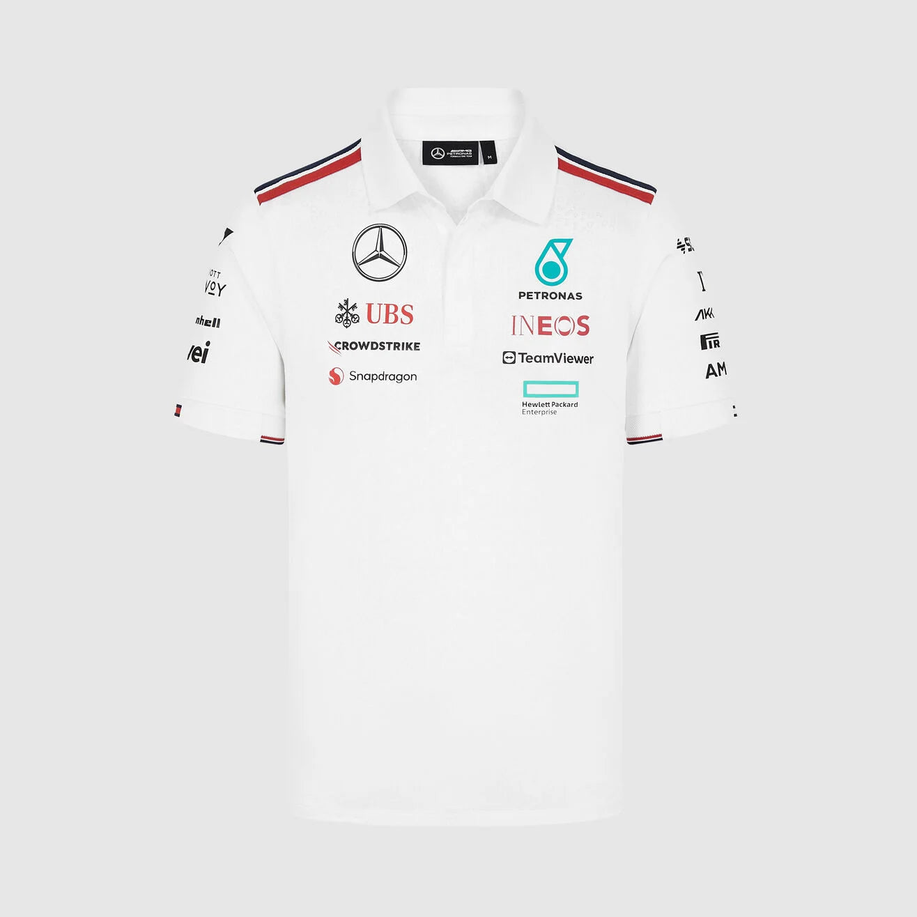 White shirt with various sponsor logos on a white background