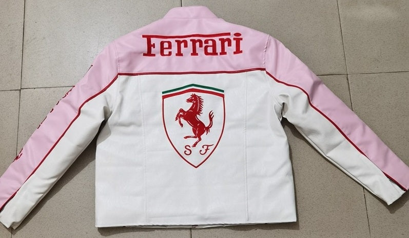 White and pink Ferrari jacket with logo on a tiled floor