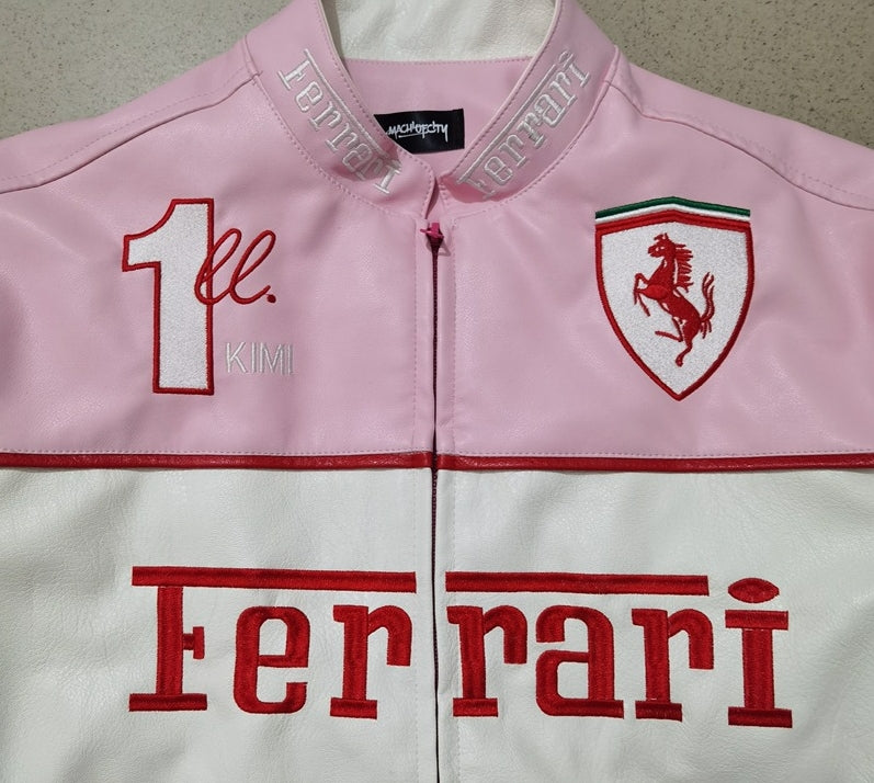 Pink and white Ferrari jacket with logo and text on a gray background