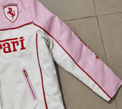 Pink and white jacket with Ferrari logo on a tiled floor
