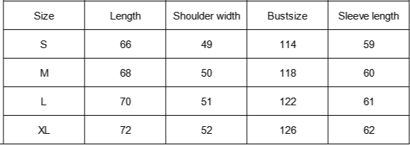 Jacket with size chart showing measurements in centimeters