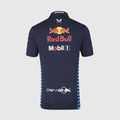 Navy blue sports jersey with Red Bull and Mobil 1 branding on a light gray background