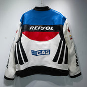 Leather jacket with Repsol and Gas logos on a white background
