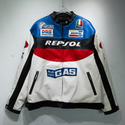 Repsol branded jacket with various logos on a gray background