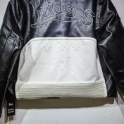 Black leather jacket with 'Riders' embroidery on a white background
