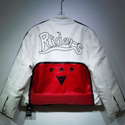 White jacket with red back panel and 'Riders' logo on a gray background