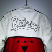 White jacket with 'Riders' logo on a gray background